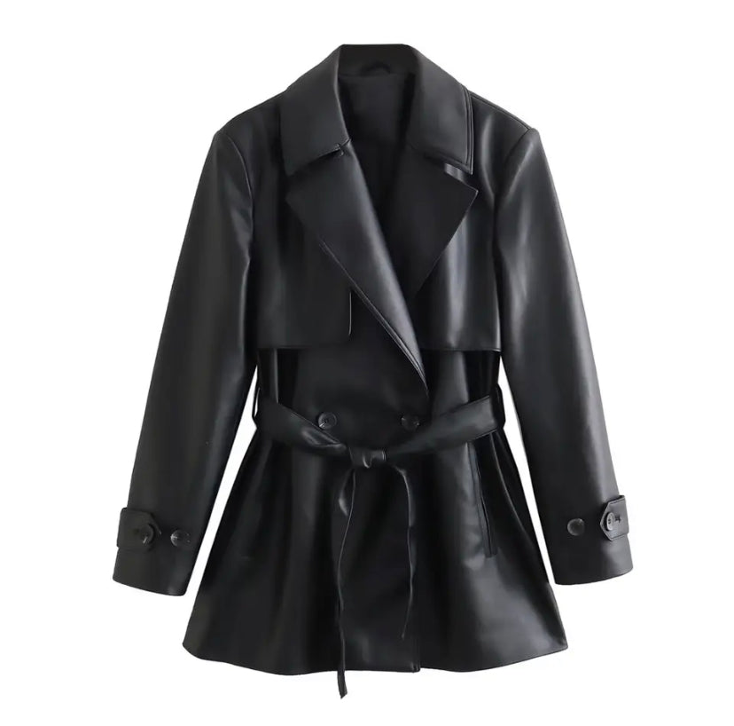 Faux Leather Mid-Trench Coat